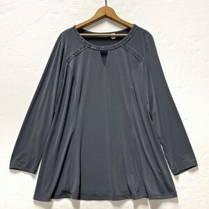 Susan Graver Liquid Knit Tunic Top 1X Gray Rhinestones Stretch Long Sleeve